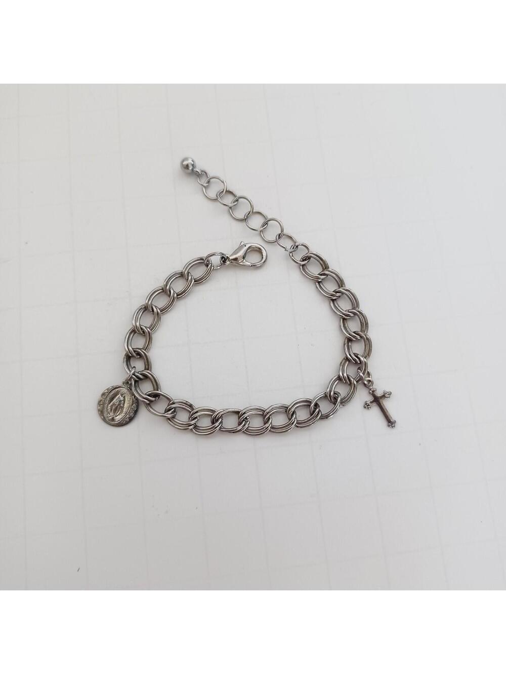 Mini Miraculous Medal Charm Cross Charm Chain Bracelet 5.5 - 6.5 inches